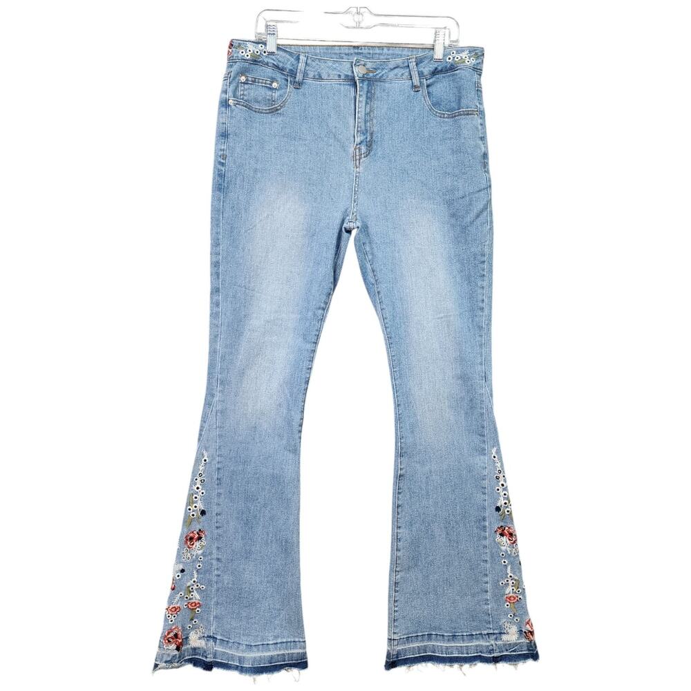 Y2K Embroidered Flare Jeans Women’s 14 Floral Boho Hippie Wide Leg Bell Bottom - Picture 3 of 13